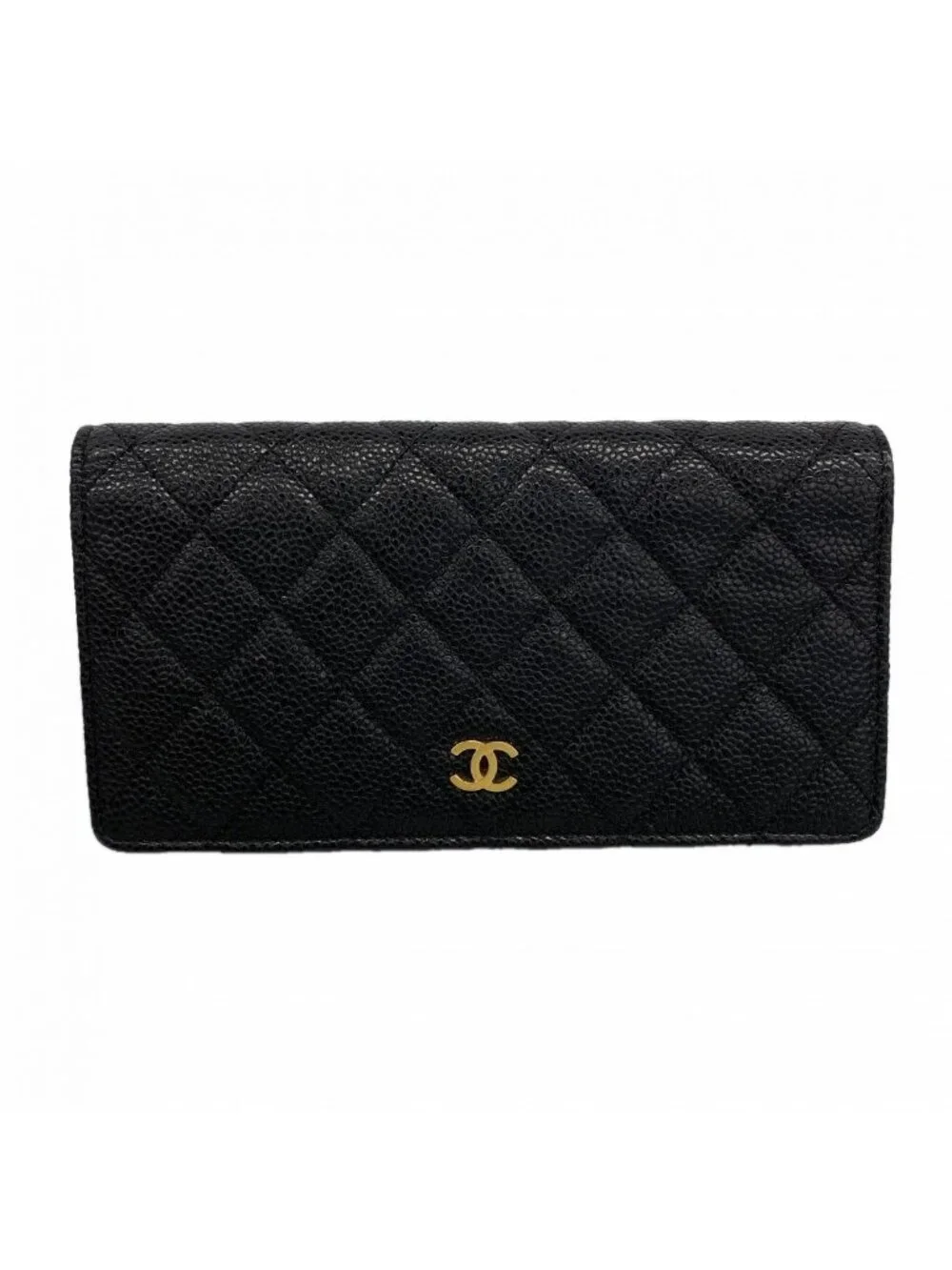 Chanel Wallet Quilted Caviar Leather Black Gold
